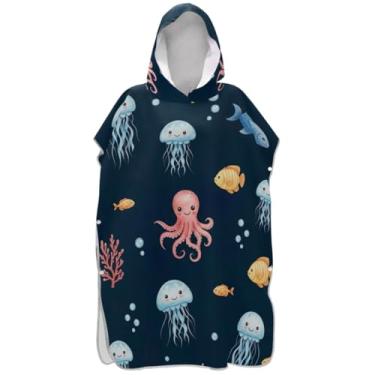 Imagem de Joisal Poncho de surfe para adultos trocador de roupa de praia com capuz toalha floral plus size adulto ponchos para mulheres linda água-viva coral azul escuro