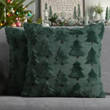 Imagem de 4TH Emotion Conjunto de 2 capas de almofada decorativas para árvores de Natal, 45,7 x 45,7 cm, verde de pelúcia sintética, para decoração de casa de Natal e inverno