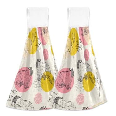Imagem de Toalhas de cozinha bege rosa amarelo capivaras com laço para pendurar conjunto de toalhas de forno personalizadas com 2 toalhas de cozinha macias absorventes fofas, decoração de banheiro, 46 x 35 cm
