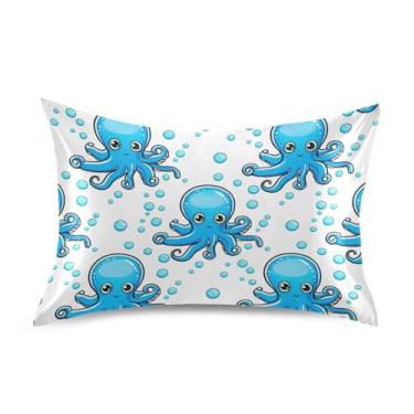 Imagem de Fronha com estampa fofa azul polvos padrão Queen King fronha de cetim refrescante macia para cama personalizada tamanho king 101,6 cm x 50,8 cm