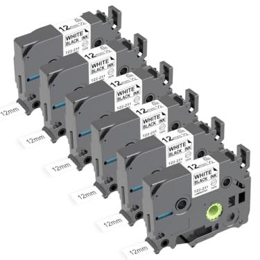 Imagem de Pacote com 6 fitas adesivas TZe TZ-231 12 mm 0,47 branco laminado compatível com Brother P Touch Label Maker Tape, substituição para Brother PT-D210 D220 H110 D400 D200 D410 D610BT, preto sobre branco