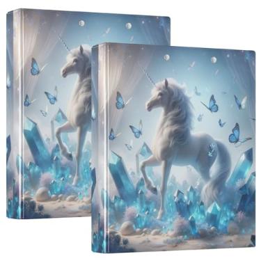 Imagem de Unicórnio de fada com cristais azuis, pacote com 2, fichário, 3 anéis com prancheta, material escolar estético, 3 anéis, prancheta resistente