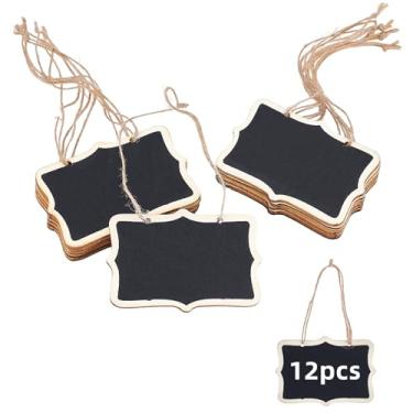 Imagem de NICENEEDED Pacote com 12 mini placas de quadro-negro, placa de giz pendurada de 6 x 8 cm com corda, pequenas etiquetas de madeira para placa de buffet, quadro negro, etiquetas de nome personalizadas