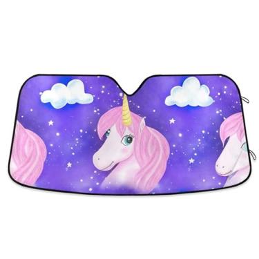 Imagem de Protetor solar personalizado unicórnio rosa juba roxa carro pára-brisa carro engraçado impressão universal dobrável automotivo protetor solar M, 139.7 cm x 70.1 cm
