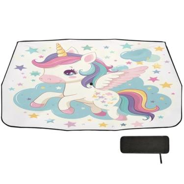 Imagem de Unicórnio voador fofo com asas toldo de carro dobrável guarda-chuva bloqueio UV caminhão persianas para para-brisa 147.3 cm x 75.4 cm
