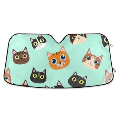 Imagem de Persiana de sol colorida personalizada com rostos de gato turquesa para para-brisas de carro persianas dobráveis engraçadas para janelas dianteiras floral automotivo M, 139,7 cm x 70,1 cm