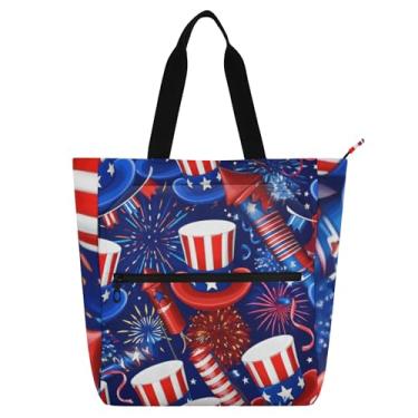 Imagem de GAIGEO Sacola feminina vermelha azul patriótica com chapéu de fogos de artifício para trabalho, lona, praia, livro, com zíper, bolsas carteiro com compartimentos