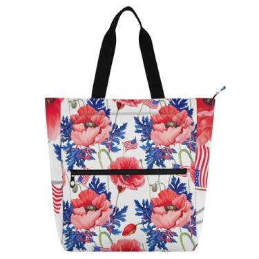 Imagem de Sacolas femininas de papoulas vermelhas com folhas azuis para trabalho, lona, praia, livros, zíper, bolsas para professores, presente para amantes de livros