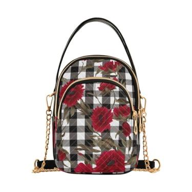 Imagem de Bolsa tiracolo feminina xadrez azul e branca com rosas azuis e brancas na moda, bolsa tiracolo feminina, Xadrez preto e branco com flores-5, One Size