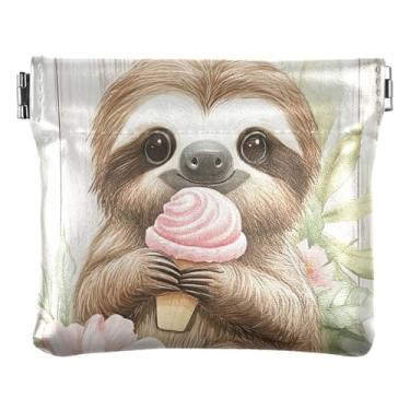 Imagem de Bolsa de couro personalizada feminina masculina fofa estampa de gato Ragdoll flores bolsa para troca de cartão, Linda flor de sorvete de preguiça, One Size, Minimalista moderno