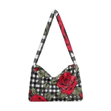 Imagem de Red Roses on Checkerboard Bolsa de pelúcia preta e branca, sacola, sacola de livros para mulheres, Rosas vermelhas no tabuleiro xadrez preto e branco 1, One Size
