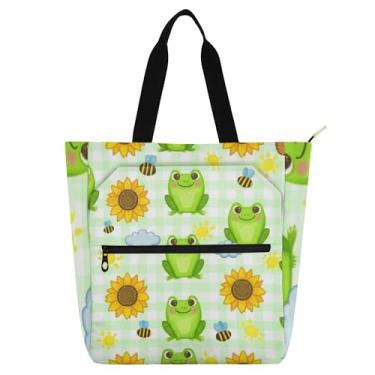 Imagem de GAIGEO Lindos desenhos animados sapos verdes girassol bolsas de trabalho para mulheres sacola de lona com zíper bolsa de praia linda bolsa infantil com compartimentos