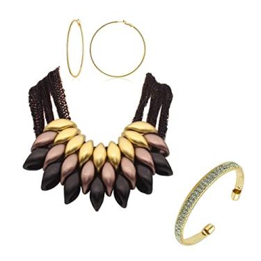 Imagem de Conjunto de joias gargantilha de borla grossa em camadas para mulheres, meninas, colar tribal africano, brincos de argola e pulseira de zircônia cúbica brilhante, 3 peças de joias modernas presentes, Resina, Zircônia cúbica