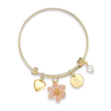 Imagem de Pulseira feminina banhada a ouro 14 quilates com inicial e pingente de pérola com 26 letras linda flor rosa coração pérola pingente de aço inoxidável personalizado joias femininas presentes de