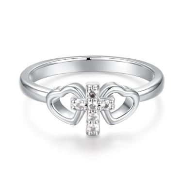 Imagem de DVAVA Anéis de coração de zircônia cúbica minúscula religiosa tamanho 1-5 anel com cruz para batismo, batizado, dedicação, presente de primeira comunhão para afilhada, Cobre, Zircônia cúbica