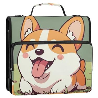 Imagem de 3 fichários para fichários de 3,8 cm, anel D fofo de desenho animado Corgi com zíper, bolsa organizadora com alça para documentos escolares, vários bolsos, pasta grande para portfólio