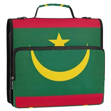 Imagem de 3 fichários com 3 anéis, anel D da bandeira nacional da Mauritânia, bolsa organizadora de fichários escolares com alça de ombro para documentos, suporte para 500 folhas