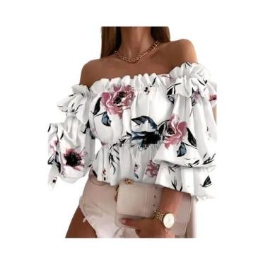 Imagem de Blusa Feminina De Primavera Verão Com Estampa E Ombros Descidos, Manga