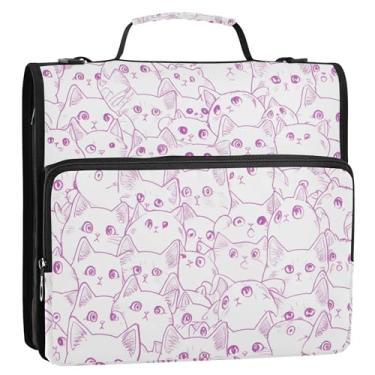 Imagem de Fichários de 3 cm com 3 anéis, resistentes e fofos, rostos de gatos, branco, rosa, fichários organizadores, com alça, bolsa escolar básica, pasta de portfólio com alça