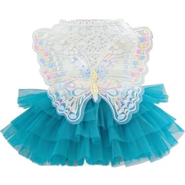 Imagem de Vestido de fada para cães e princesas, com saia de tule azul e asas de borboleta bordadas, top de malha branca com coleira de renda, roupas para animais de estimação para cães pequenos, gatos