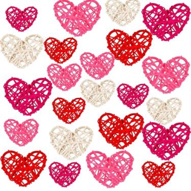Imagem de Geelin 24 peças de bolas de vime de vime de coração dos namorados para pendurar enfeites de tigela de dia dos namorados 7 cm 9 cm bola em forma de coração vermelha rosa branca com luz e fita para