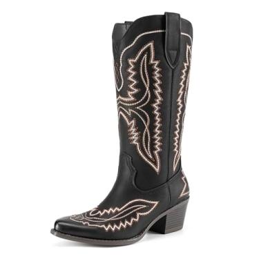 Imagem de Athlefit Botas femininas de caubói de bico quadrado, salto baixo grosso, bordado, cano médio, botas para shows country, Preto, 40