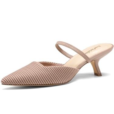 Imagem de ReneChristine Salto gatinho feminino fechado bico fino slingback com tira elástica 6 cm salto alto stiletto slip on sandálias mules trabalho festa vestido sapatos, Café leve de malha, 35
