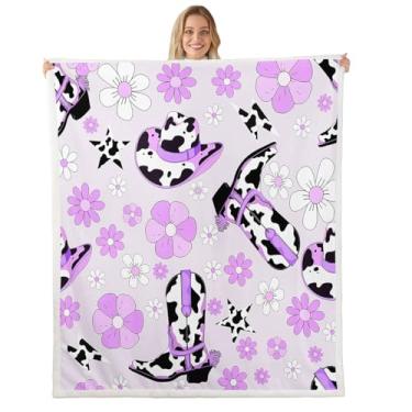 Imagem de Erosebridal Cobertor de chapéu de bota de vaqueira roxa, cobertores e mantas com estampa de vaca leiteira ocidental para decoração de quarto de meninas e crianças, cobertor de lã floral Groovy