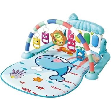 Imagem de Tapete de Atividades Musical para Bebê com Piano Interativo, Arco com Brinquedos Pendurados, Design com Baleia (Azul)