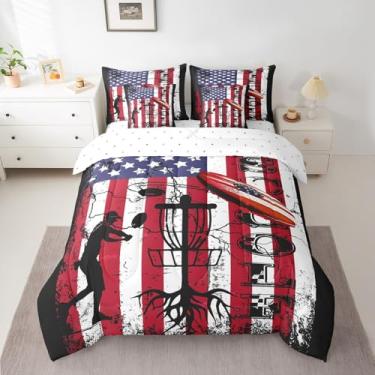 Imagem de Manfei Jogo de cama solteiro com tema de jogos esportivos, 7 peças, bandeira americana, para decoração de quarto de meninos e meninas, lençol com elástico, lençol de cima e fronhas