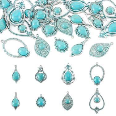 Imagem de Boutigem 24 peças pingentes de gota turquesa tibetana vintage coração ocidental amor oval pingente de gota de água liga turquesa pingentes pendentes para brincos boêmios faça você mesmo colar de joias