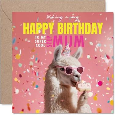 Imagem de Stuff4 Cartão de aniversário Step Mum - Bolo Llam-azing - Cartão de feliz aniversário para madrasta de Son Daughter, cartões engraçados de aniversário de lhama de 14 cm