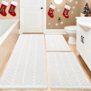 Imagem de Conjunto de 3 peças de tapete de banho, tecido boêmio, moderno, absorvente, antiderrapante, macio, lavável à máquina, tapetes de banho de malha com espinhas de peixe para banheiro, quarto, cozinha