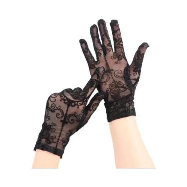 Imagem de Luvas Longas Transparentes Pretas De Malha Com Estampa De Rosas 43CM P