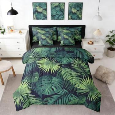 Imagem de Erosebridal Conjunto de edredom Queen com folhas de palmeira, 7 peças, cama Monstera em uma bolsa para quarto, folhas tropicais havaianas, edredom com edredom, lençóis, fronhas, estilo boho hippie