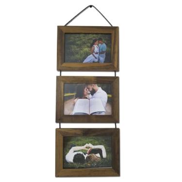 Imagem de Porta-Retrato Trio Decorativo com Vidro e Moldura de Madeira | Kit 3 Quadros para Fotos 10x15 Parede(Madeira)