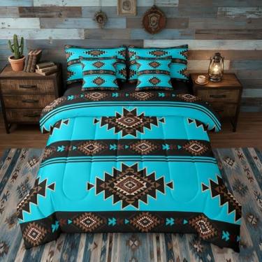 Imagem de Jogo de cama solteiro asteca ocidental de 7 peças, nativo americano navajo, para meninos e adolescentes, geométrico, sudoeste, étnico americano, nativo americano, decoração rústica de fazenda, azul