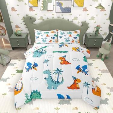 Imagem de jejeloiu Conjunto de edredom com desenho de dinossauro, solteiro, para crianças, meninos, meninas, animais selvagens, edredom de microfibra, 2 peças com 1 fronha