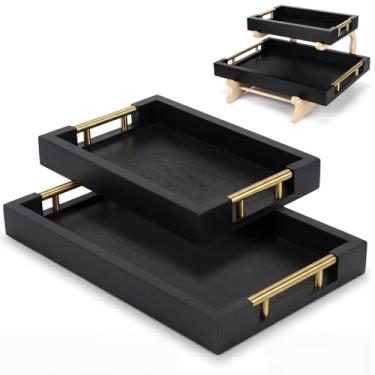 Imagem de Leinuosen Pacote com 2 bandejas decorativas de madeira com suporte de bambu, organizador de bancada versátil para estética gótica, cozinha, decoração de banheiro (preta, em forma de retangular)