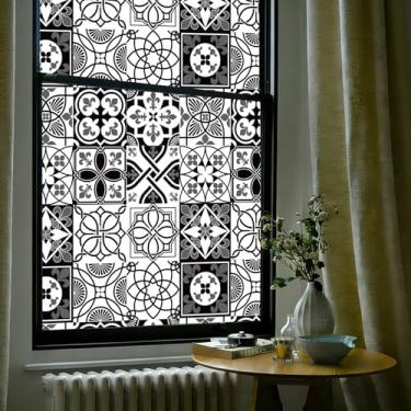 Imagem de OHTMERU Película decorativa de privacidade para janela de vitral, adesivo de vidro fosco com aderência estática, opaco, controle de calor, bloqueio UV, filme Boho para janela para porta da frente