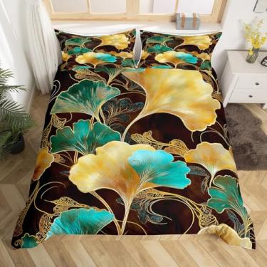Imagem de Jogo de cama tie dye folhas de ginkgo, aquarela verde amarelo decoração capa de edredom para crianças adolescentes adultos, amarelo dourado, geométrico, espiral, plantas, edredom com 2 fronhas (sem