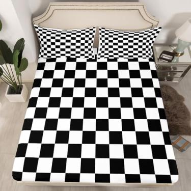 Imagem de Jogo de lençol com elástico xadrez preto e branco moderno estilo simples quadriculado para crianças, adolescentes, abstrato, geométrico, patchwork, sem lençol de cima, para decoração de quarto
