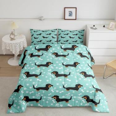 Imagem de Homewish Conjunto de edredom casal com desenho animado de dachshund, ossos e patas de cachorro, desenho à mão, edredom fofo, cachorrinho kawaii, animal de estimação, para meninas e adolescentes