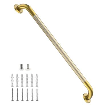 Imagem de Barra de apoio de chuveiro de 81 cm, barra de apoio iHansee dourada escovada para banheiro com aderência serrilhada antiderrapante, barras de segurança de banho de aço inoxidável com suporte para