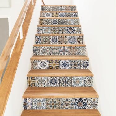 Imagem de PLIGREAT 15 peças de decalques vintage com padrão de azulejos para escadas, adesivos de escada para degraus de 19 cm x 99 cm, adesivos autoadesivos de PVC, decoração de murais de escadas, para casa