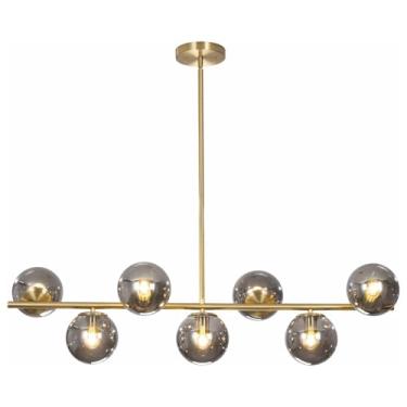 Imagem de Lustre Sputnik de estilo moderno de meados do século XX, em latão dourado, com globo de vidro cinza fumê e 7 lâmpadas, ideal para cozinha, ilha de cozinha, sala de jantar e sala de estar.