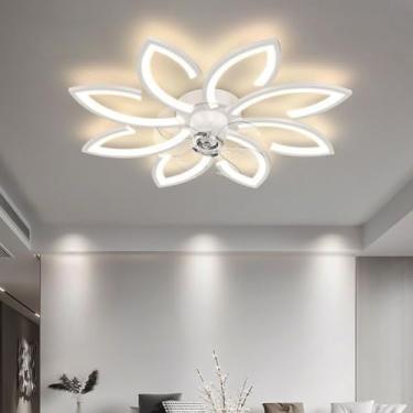 Imagem de Ventilador de teto LED com iluminação moderna, design em formato de flor com intensidade regulável, silencioso e com controle remoto para sala de estar e sala de jantar (branco, Ø 90 cm).