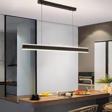 Imagem de Luminária pendente LED para mesa de jantar, design linear moderno, lustre para sala de estar, dimerizável (3000K-6000K), com controle remoto e altura ajustável (preta, 80cm).