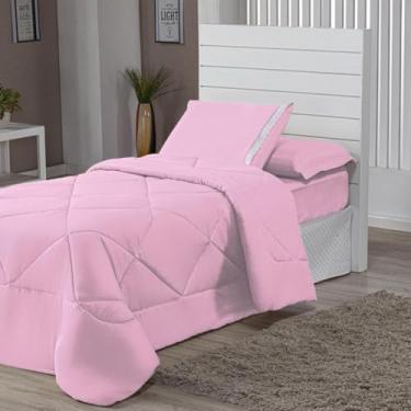 Imagem de Kit Edredom Solteiro Dupla Face + Lençol - 4 Peças em Preto e Cinza, Prático para Quartos Domésticos com Estilo Versátil (ROSA)