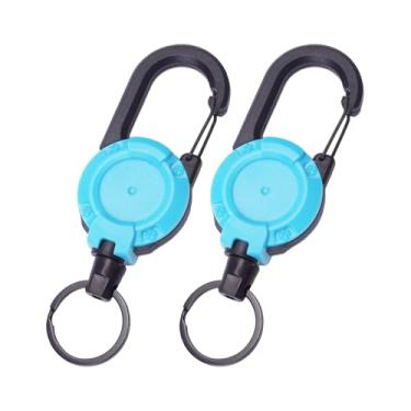 Imagem de Pacote com 2 chaveiros retráteis, resistentes, táticos, porta-crachás, carretel, mosquetão com cordão retrátil de aço de 59,9 cm (azul-azul)